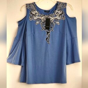 Sheilay Blue Cold Shoulder Top with Black and White Embroidery Sz XXL (NWT)